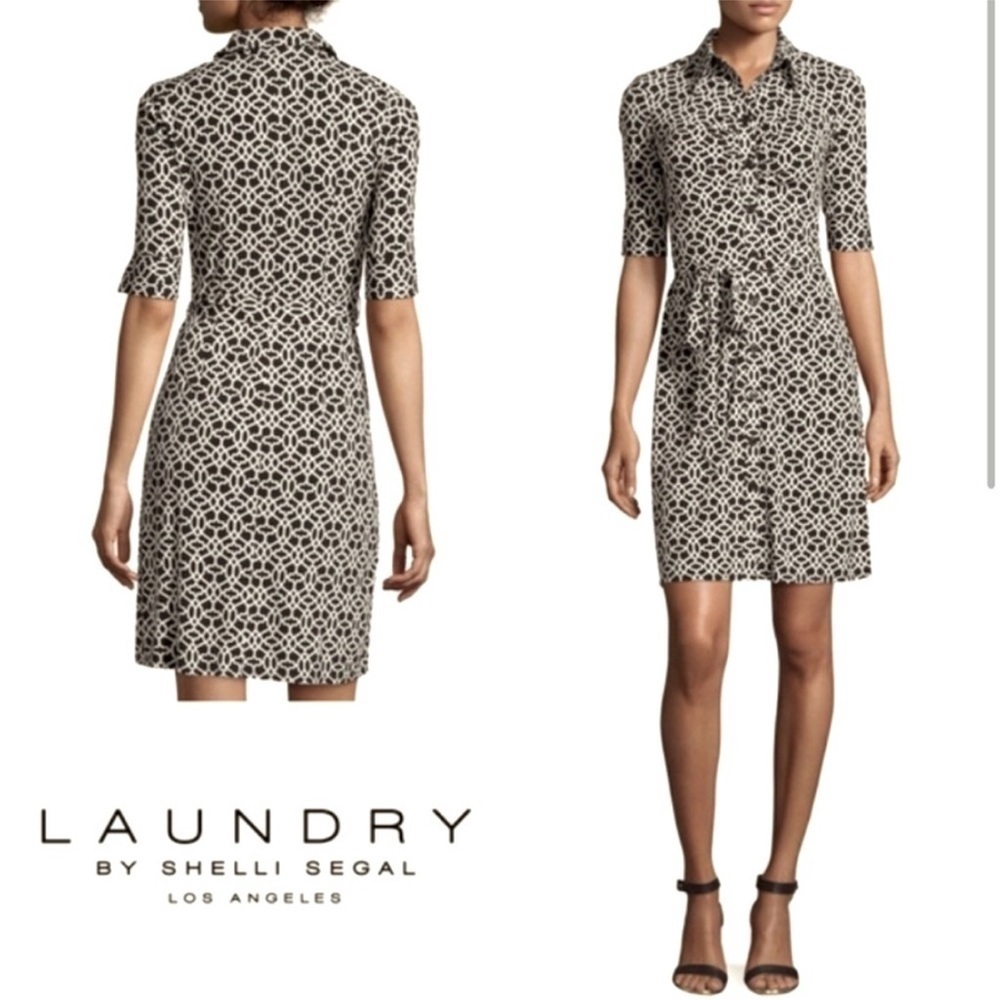 Laundry Shelli Segal Stretch Knit Slinky Shirt Dress Sz 2 Button Down Belted EUC